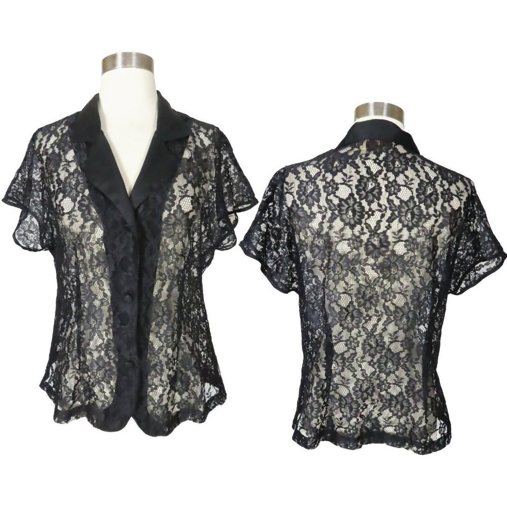 Vintage 80s 90s Victorias Secret Sheer Womens Black Lace Shirt Top Blouse S M